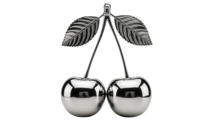 Shiny silver metal cherry sculpture isolated on transparent background, modern art object for...