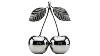 Shiny silver metal cherry sculpture isolated on transparent background, modern art object for decoration and design projects PNG