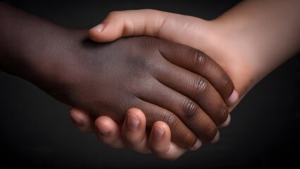 A tender handclasp between two child's hand symbolizes unity, diversity and intergenerational friendship beyond ethnicity and age.