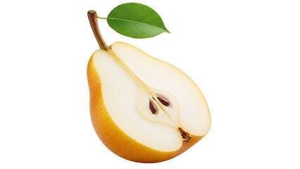 Half cut yellow pear with leaf isolated PNG, fresh fruit on transparent background for healthy eating and design use