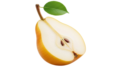 Half cut yellow pear with leaf isolated PNG, fresh fruit on transparent background for healthy eating and design use