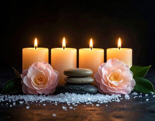 A serene arrangement of four lit candles, pink camellia flowers, stacked spa stones, and sea salt on a dark surface.