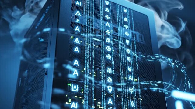 Futuristic Data Center Server Rack with Glowing Blue Lights.