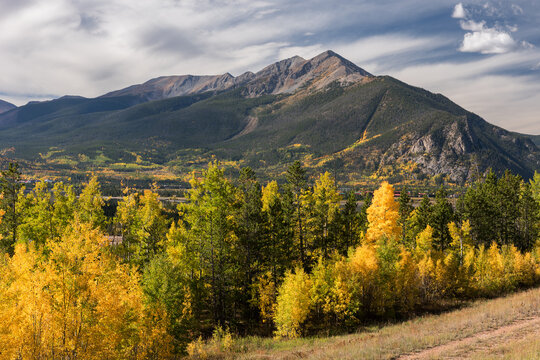 Early Fall view of Ten Mile Range Mountain. The Peaks are named from left to right, 12,939 foot Ten Mile Peak, 12,811 foot Peak 1 and 11,791 foot Victoria Peak.
