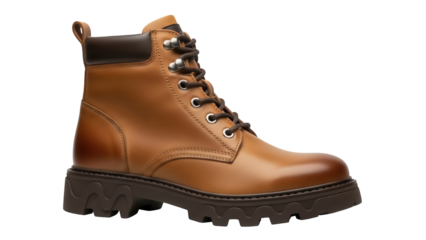Brown leather ankle boot isolated PNG, stylish lace-up footwear for fashion, outdoor activities and casual wear on transparent background