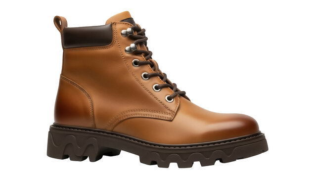 Brown leather ankle boot isolated PNG, stylish lace-up footwear for fashion, outdoor activities and casual wear on transparent background