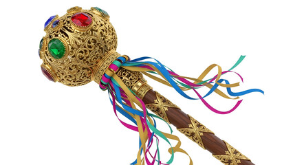 Golden royal scepter with colorful ribbons for carnival king or queen costume and parade