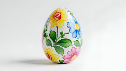 Decorative easter egg hand painted with blue and yellow spring flowers for traditional holiday celebration