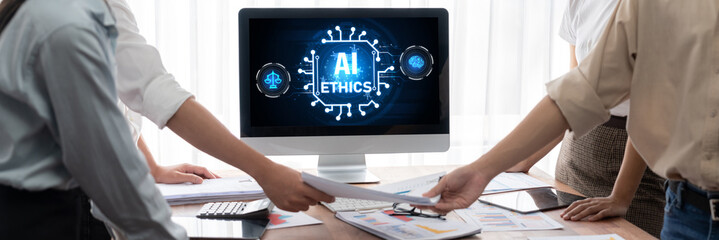 AI ethics responsibility standard law and rules on computer screen provide report of AI ethic...