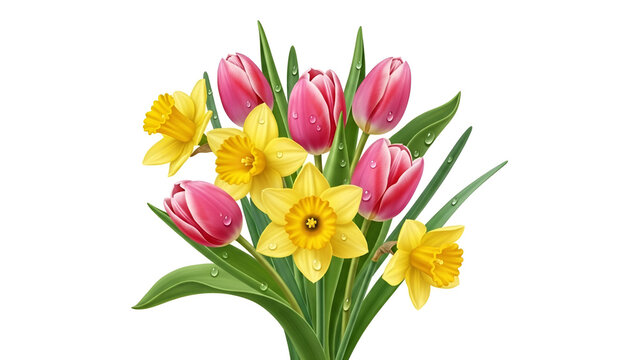Spring flower bouquet with pink tulips and yellow daffodils for seasonal celebration or gift - Powered by Adobe
