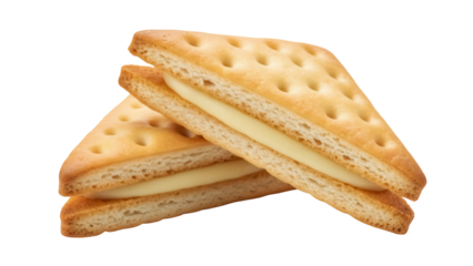 Two triangular cream crackers isolated PNG on transparent background, delicious snack with sweet filling for tea time and dessert
