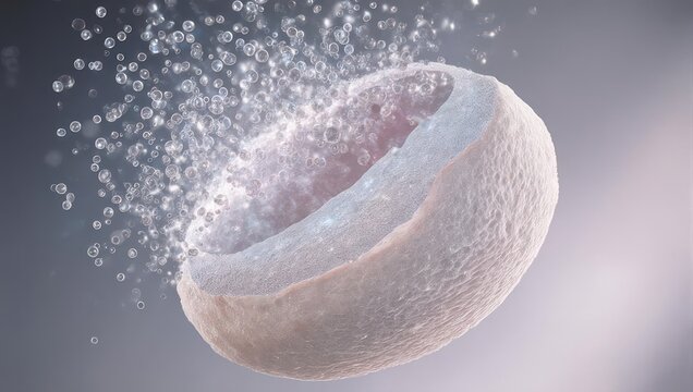 Close up of a dissolving red blood cell with particles breaking away.