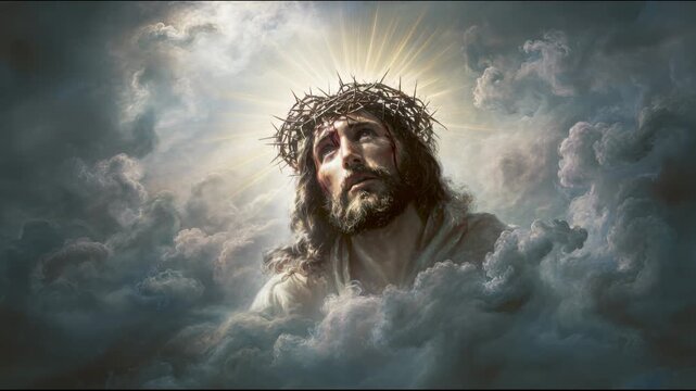 jesus christ with a crown of thorns in the clouds