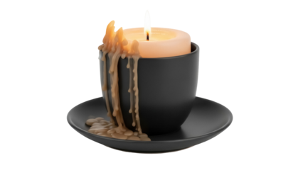 Burning candle in black cup with dripping wax isolated PNG, decorative candlelight for cozy atmosphere and relaxation