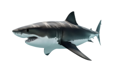 Great white shark PNG isolated on transparent background, powerful predator with sharp teeth for marine life and ocean themes