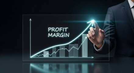 Businessman pointing to upward trending profit margin graph on digital display