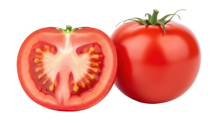 Fresh red tomato and half isolated PNG, juicy vegetable on transparent background, healthy eating ingredient for salad and cooking