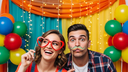 Young couple having fun with photo booth props at a party