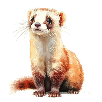 Ferret, watercolor illustration featuring soft shadows and luminous, isolated on a white background.