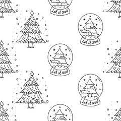 Doodle pattern of Christmas glass snow globes with christmas tree in black and white style