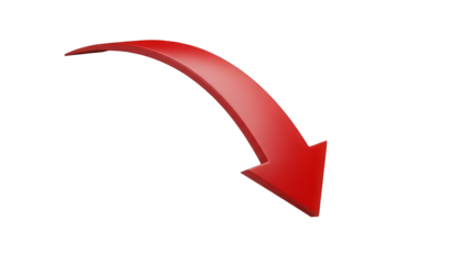 Curved red arrow pointing down isolated PNG, direction indicator for navigation and web design on transparent background