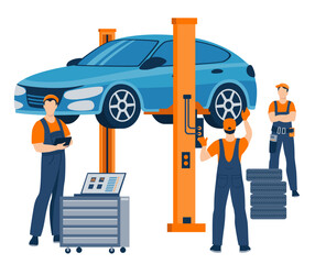Car diagnostic, service and repair. Auto service interior with mechanic workers, lifted car and equipment. Automobile maintenance center flat vector scene.