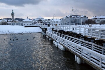 Winter scenery of Sopot with famous pier, resort by Baltic Sea in Poland