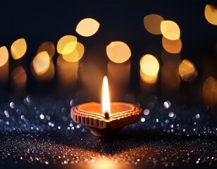 single lit diya with sparks and bokeh lights on a dark surface oil lamp candle