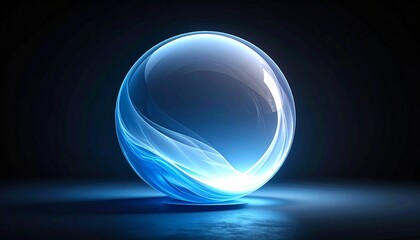 Abstract futuristic concept of a glowing blue crystal ball with energy waves inside. A luminous sphere orb of glass or plasma reflecting light on a dark surface with a solid black background.