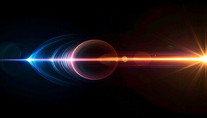 Abstract futuristic background with a vibrant blue and orange glowing light beam and lens flare effect. Digital art design of a cosmic explosion or a celestial body on a black background screen.