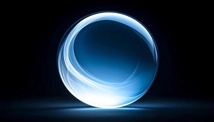 Abstract glowing blue crystal sphere with light streaks and flare. Futuristic energy orb for technology or science. Luminous glass ball with bright reflection isolated on a black background.