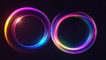 Two glowing colorful neon rings forming a futuristic infinity symbol with vibrant light trails. Abstract technology concept with camera lens flare and light leak effect for screen overlay on a black b
