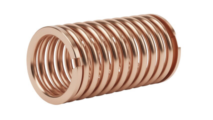 Copper coil spring isolated PNG, helical metal object for industrial use in engineering and manufacturing on transparent background