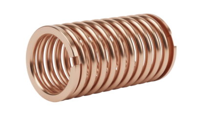 Copper coil spring isolated PNG, helical metal object for industrial use in engineering and manufacturing on transparent background