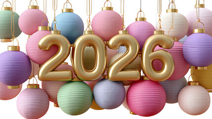A festive arrangement of colorful paper lanterns and gold balloons forming the year 2026.