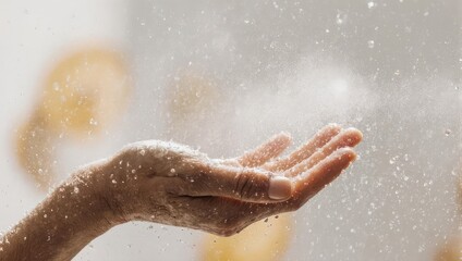 Fototapeta premium Close up of a human hand catching fresh falling water droplets.