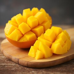 A fresh mango cut into cubes, on a wooden cutting board.