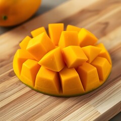A fresh mango cut into cubes, on a wooden cutting board.