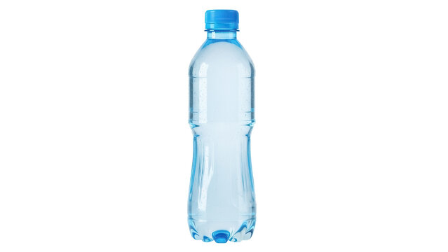 Clear plastic water bottle with blue cap isolated PNG, refreshing drink container for hydration and healthy lifestyle on transparent background