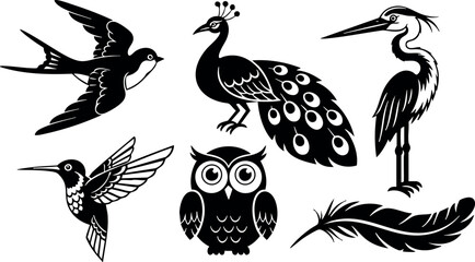 Naklejka premium Silhouettes of Various Birds Including Peacock Owl Hummingbird and Heron Vector Illustration 