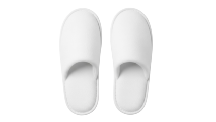 Pair of white hotel slippers isolated PNG on transparent background, comfortable footwear for spa and relaxation
