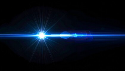 Abstract blue optical lens flare with anamorphic light streak and glowing rays. Digital camera effect for overlay, screen mode, or background design element. Isolated on a black background.