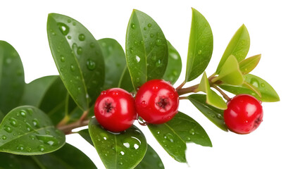 Lingonberry branch with red berries isolated PNG, evergreen shrub with glossy leaves and juicy...