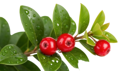 Lingonberry branch with red berries isolated PNG, evergreen shrub with glossy leaves and juicy fruit on transparent background