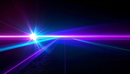 Vibrant blue and purple laser beams and lens flare effect on a dark surface. Abstract futuristic background with bright neon lights and optical rays, ideal for overlay or screen effect on a black bg.