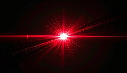 Abstract red lens flare with bright glowing optical light effect. Futuristic anamorphic cinematic design element for screen overlay. Digital sunburst and starburst on a clean black background.