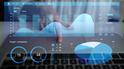 A modern digital dashboard showcases analytics graphs and charts to monitor business performance. It represents key data analysis for strategic decision-making. Impute