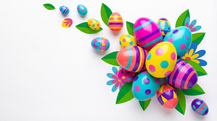 Colorful Easter eggs arranged with leaves and flowers on white background  