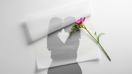 Illustration of embracing couple silhouette with pink freesia flower on white background