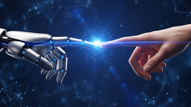 Robot and human hand touching with glowing blue light connection